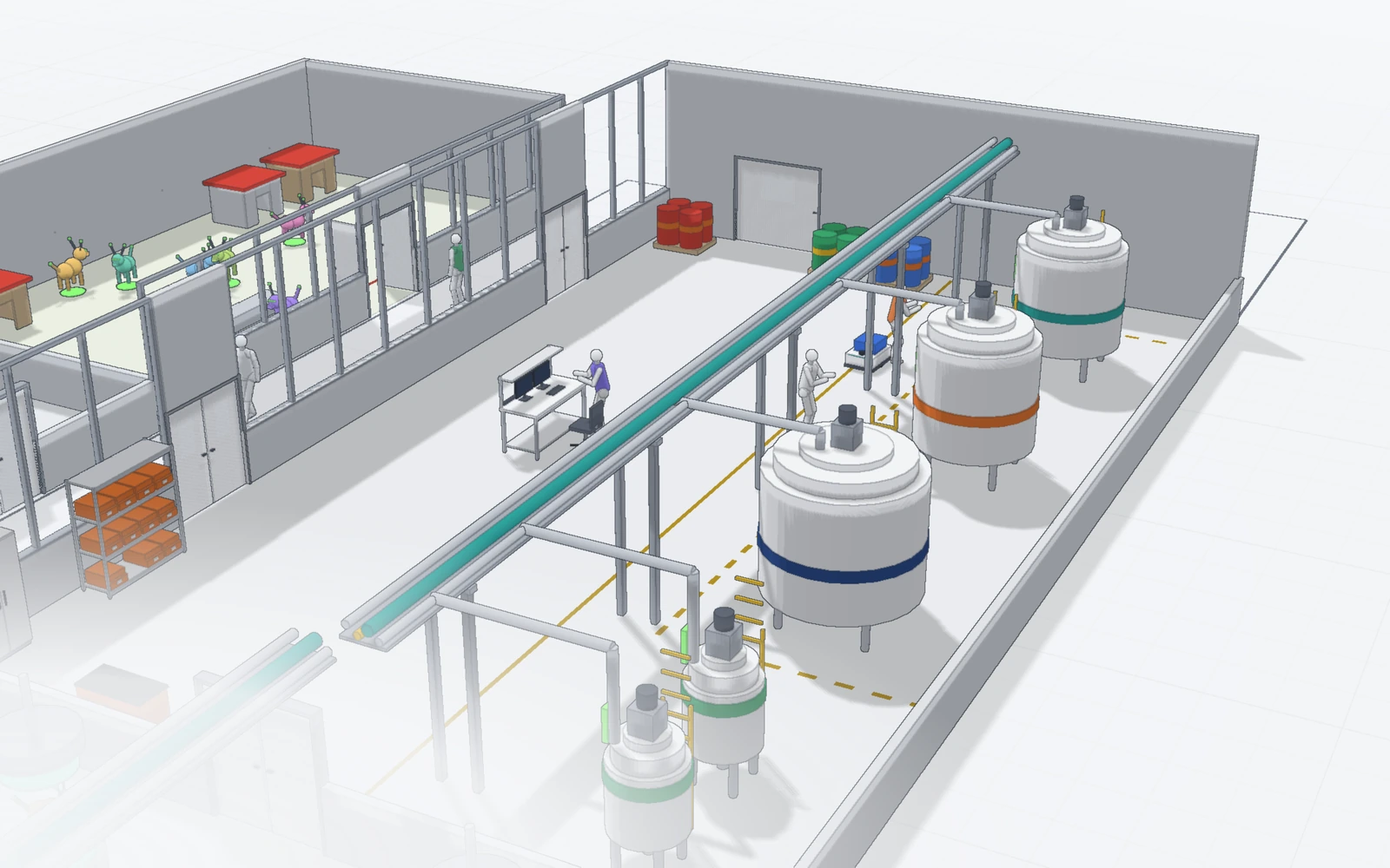 Plant 7 drawn in the ink renderer: reactors on a pipe rack, workers at a bench and the gestation lab behind glass walls