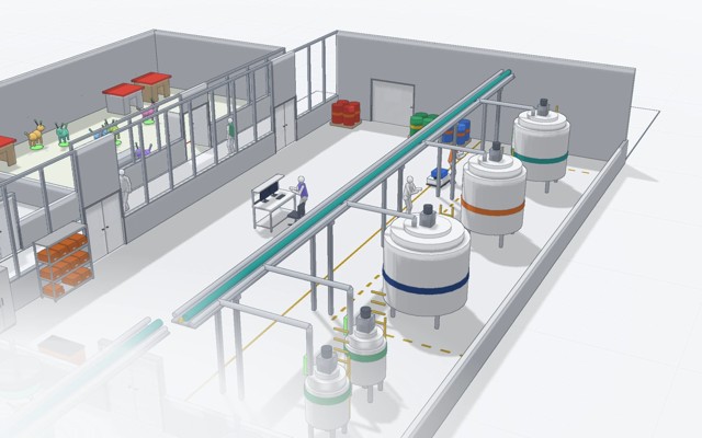 Plant 7 drawn in the ink renderer: reactors on a pipe rack, workers at a bench and the gestation lab behind glass walls