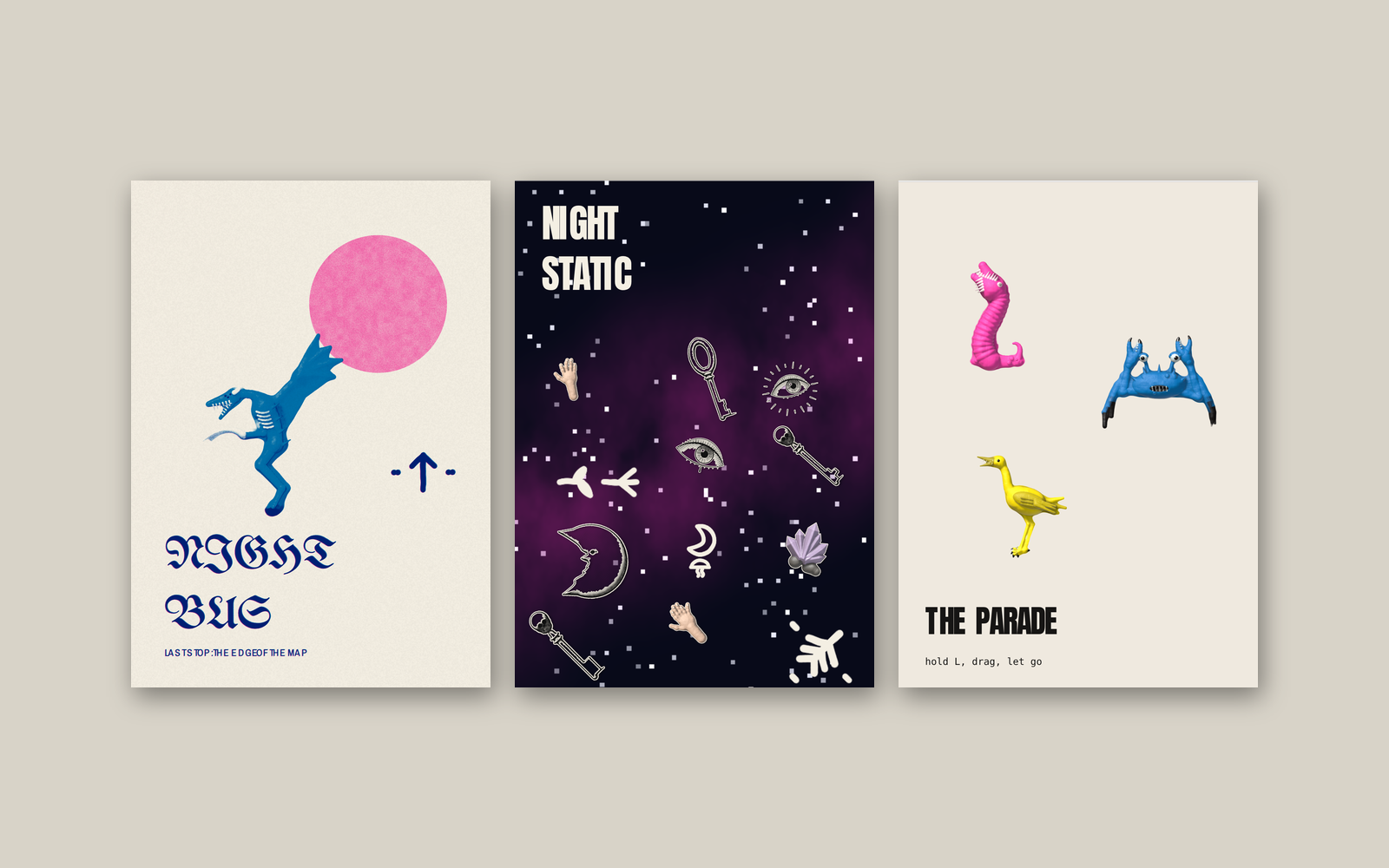 Three zine pages made in the studio examples: Night Bus with a blue woodcut beast under a pink sun, Night Static with grabbable stickers over a shader sky, and The Parade with three clay creatures