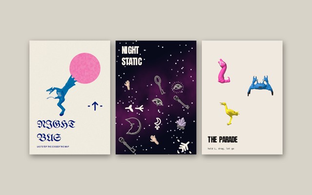Three zine pages made in the studio examples: Night Bus with a blue woodcut beast under a pink sun, Night Static with grabbable stickers over a shader sky, and The Parade with three clay creatures
