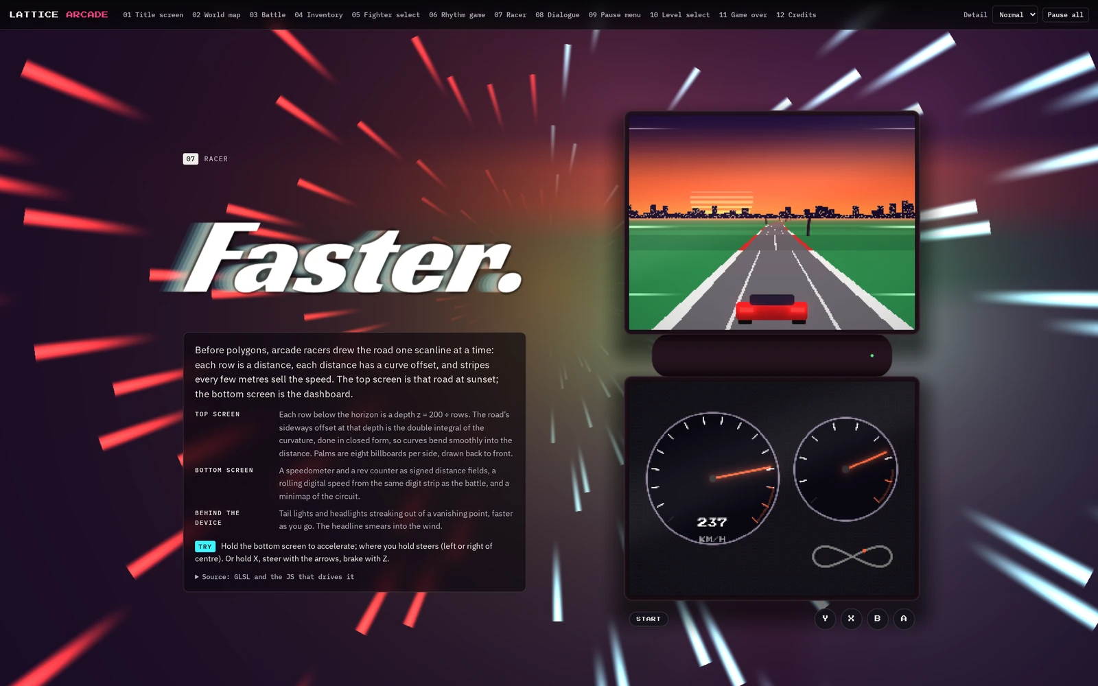 The racer section: the headline "Faster." smeared by red and white light streaks, beside a handheld whose top screen shows a red car on a road at sunset and whose bottom screen shows a speedometer at 237 km/h and a rev counter