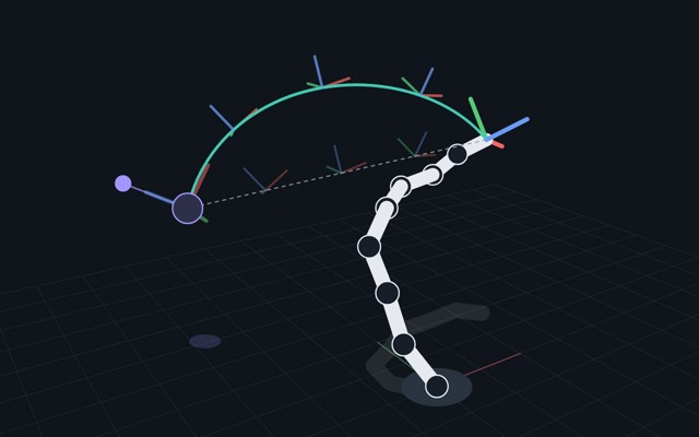 An eight-joint 3D chain in the dark theme, with the curved SE(3) geodesic from its hand to the target pose and the dashed straight-line path, coordinate frames drawn along both