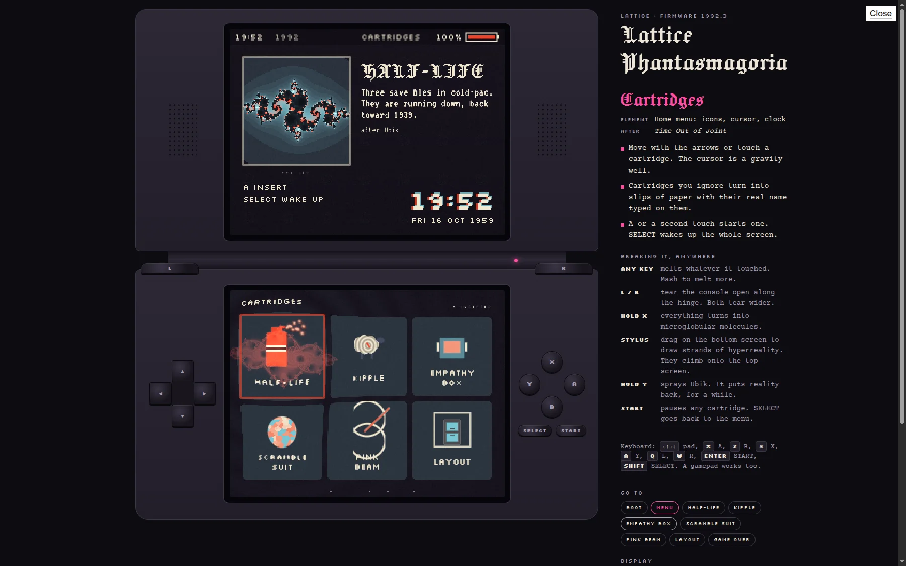 Phantasmagoria cartridge menu on the dual-screen console.