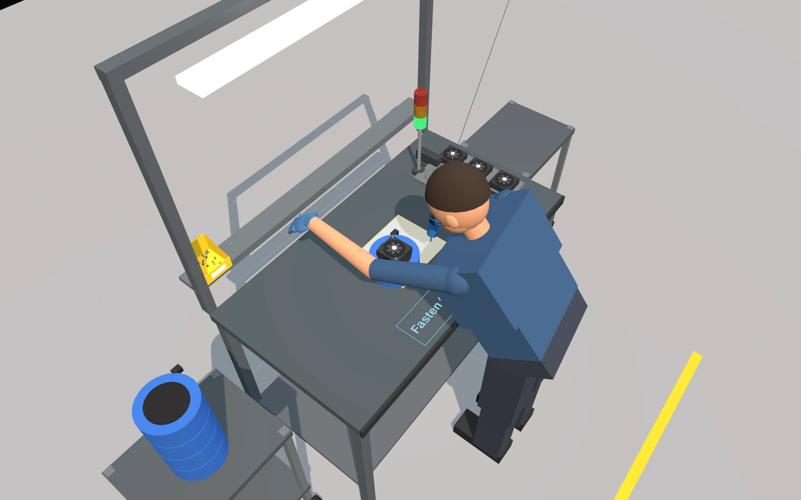 Full-bleed render of the Blower P-230 station: an operator in blue gloves fastens a fan into a housing under the stack light, with the projector showing Fasten on the bench