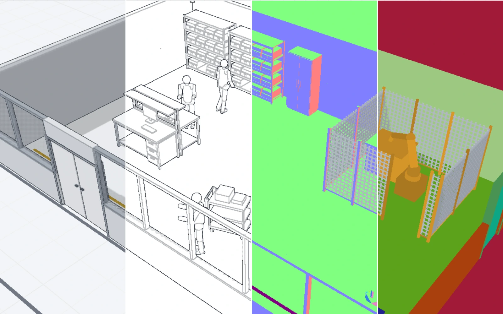 One frame of the Cell 3 film cut into four bands: the final render, the ink lines, the normals and the object ids