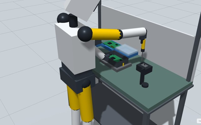 A humanoid robot at a workstation, one hand steadying a circuit board while the other drives a screw