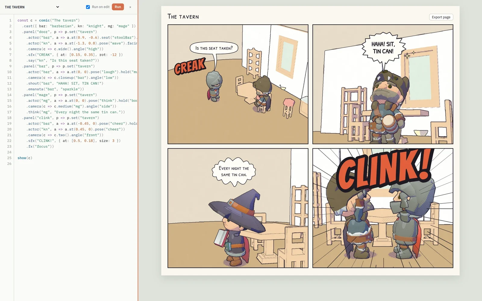 The tavern story in the editor next to its rendered four-panel comic page