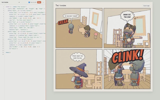 The tavern story in the editor next to its rendered four-panel comic page