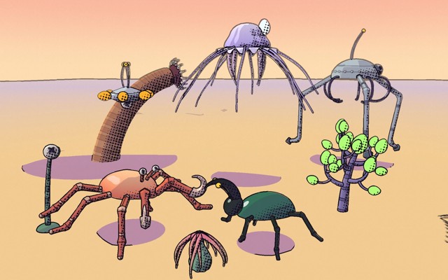 The bestiary scene in the comic look: a crab and a beetle facing off in the foreground, a sandworm breaching the dunes, a jellyfish, a drone, a tripod, a spore tree and anemones behind