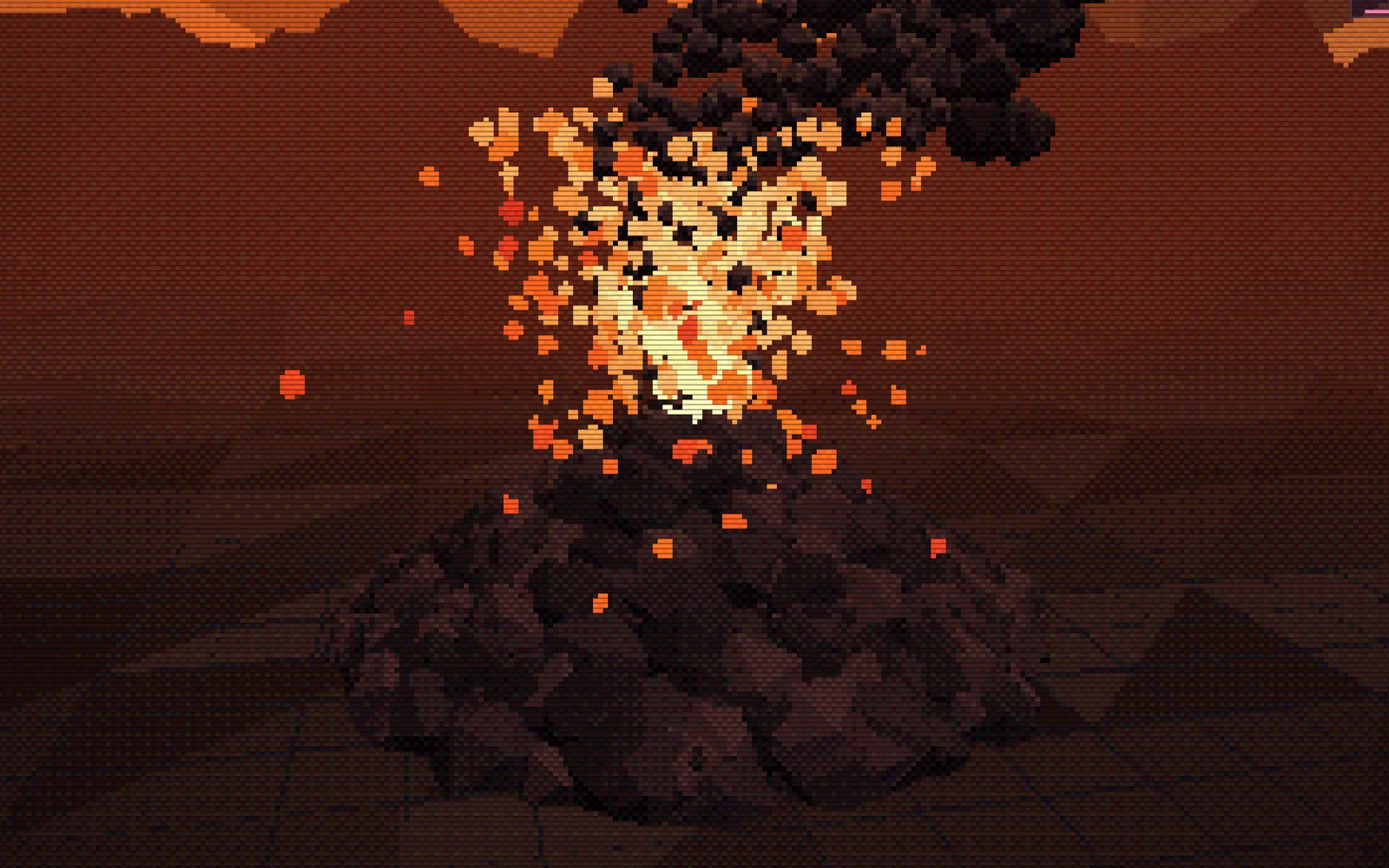 The Volcano preset: lava and ash particles erupting from a low-poly cone, drawn in chunky pixels