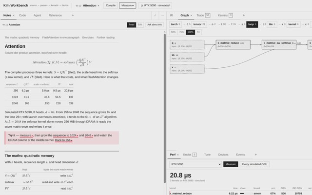 The attention lesson: notes with the maths next to the kernel graph and measurements