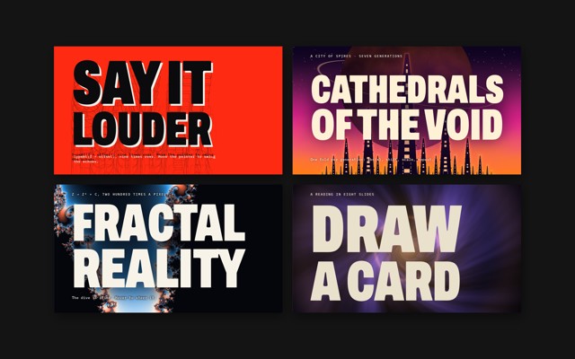 Four title slides from the presets: Say it louder, Cathedrals of the void, Fractal reality and Draw a card