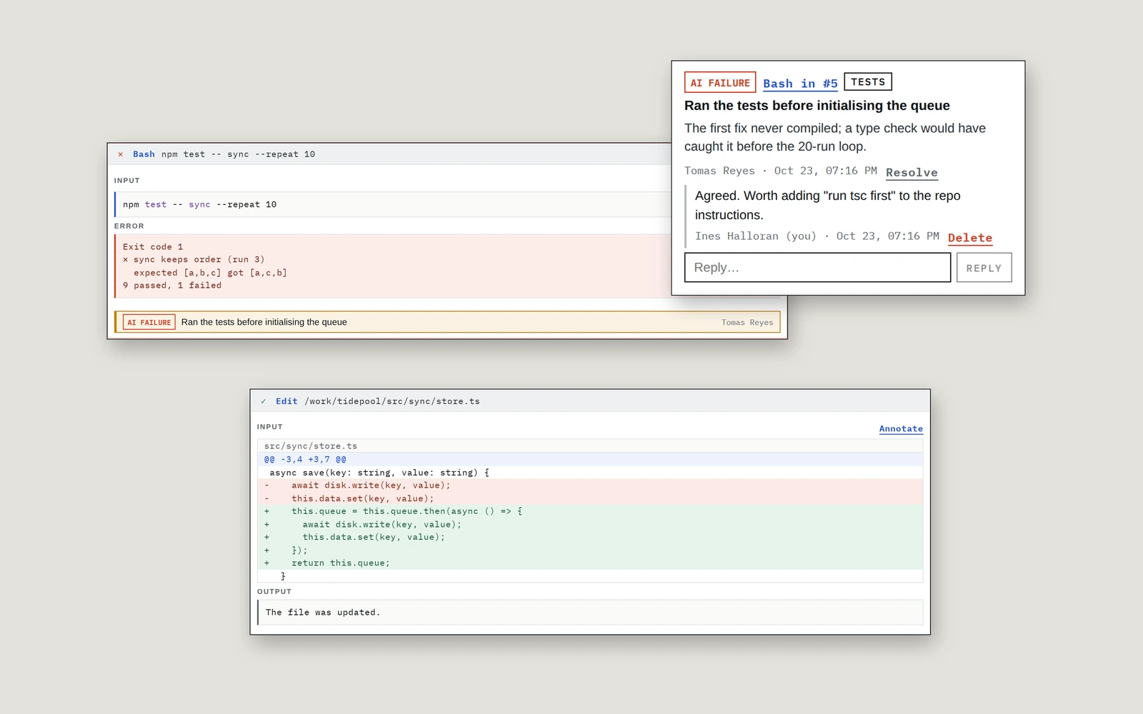 Three cards from a session on a grey background: a failed npm test run with its error output and AI failure note, the note's thread with a reply, and an Edit call's diff that chains saves on a queue