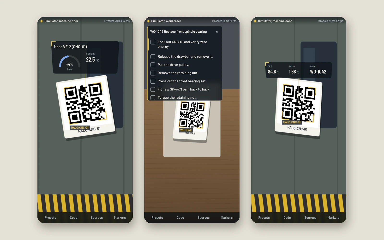 Three phone screens of HALO Field: a load gauge on a machine marker, a work-order checklist and the supervisor view