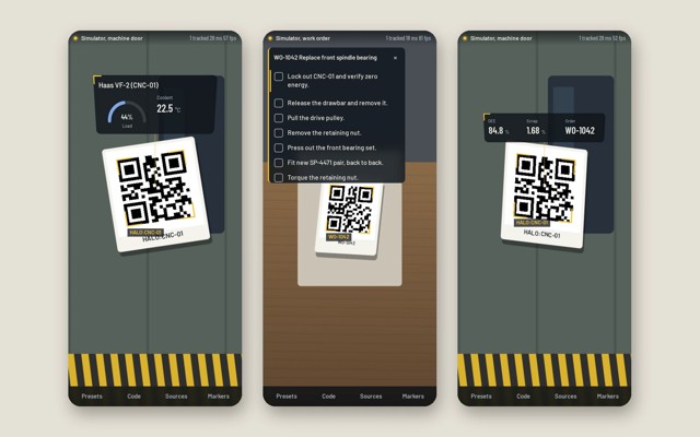 Three phone screens of HALO Field: a load gauge on a machine marker, a work-order checklist and the supervisor view