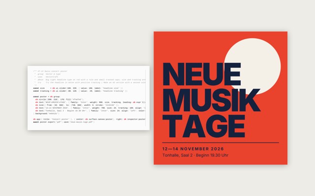 The CraftKit program for a Swiss concert poster beside its result: NEUE MUSIK TAGE in heavy navy type on red with a cream circle