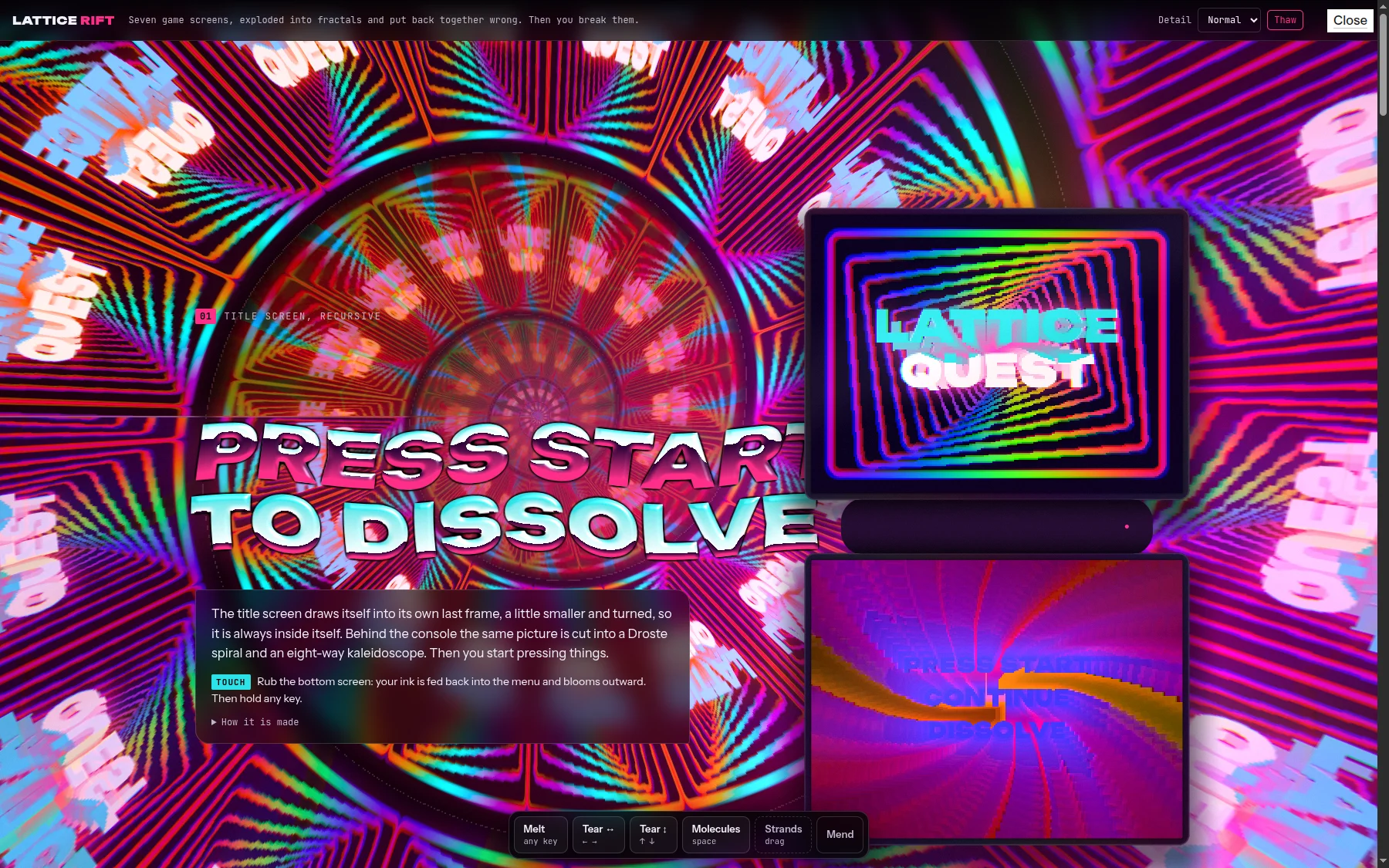 Recursive title screen and dual-screen WebGL console in Lattice Rift.
