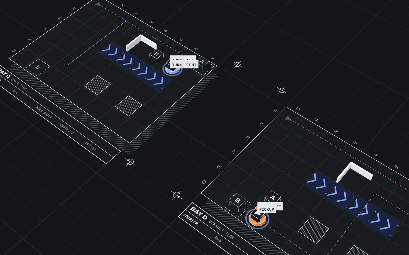 Two courier robots on dark isometric boards, one turning beside a crate marked B and one picking up a crate next to blue conveyor belts