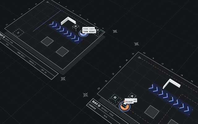 Two courier robots on dark isometric boards, one turning beside a crate marked B and one picking up a crate next to blue conveyor belts