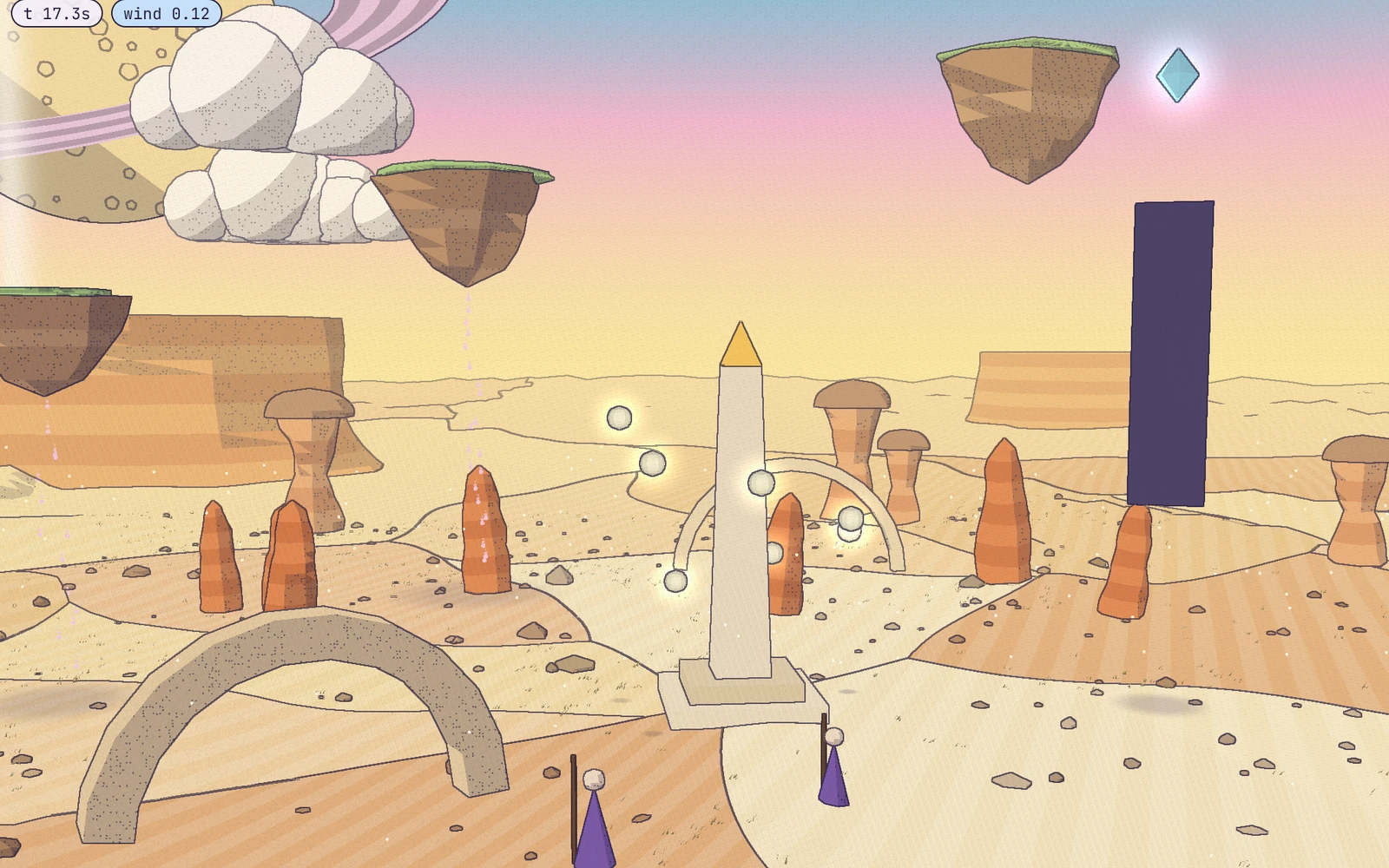 A dream desert in ink-and-stipple 3D: floating isles, an obelisk shrine with orbiting glowing orbs, a dark monolith, hoodoos and a stone arch under a pink and yellow sky