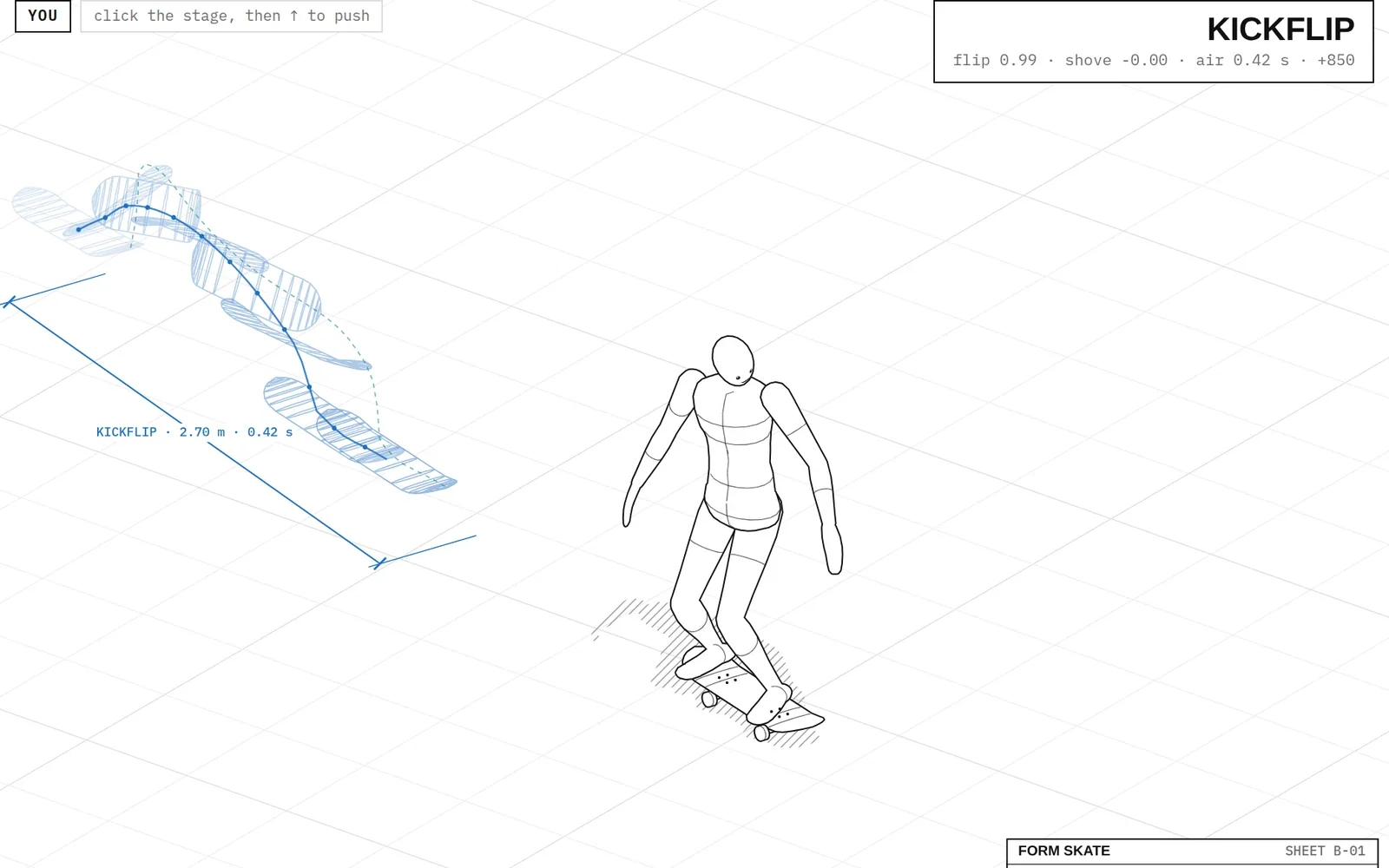 A kickflip on the drafting-sheet stage, with ghost boards tracing the flip