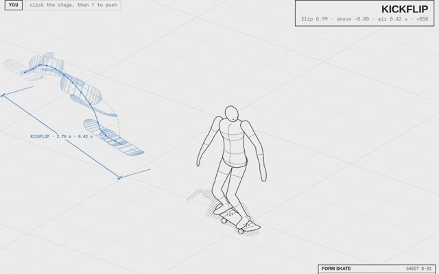 A kickflip on the drafting-sheet stage, with ghost boards tracing the flip