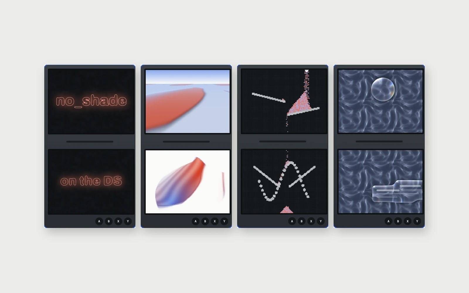 Four dual-screen sketches side by side: neon type reading no_shade and on the DS, an ink pond, falling sand crossing the hinge, and glass widgets over a caustic background