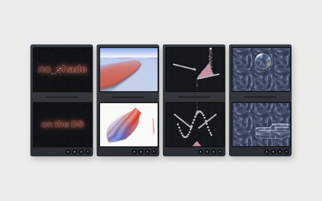 Four dual-screen sketches side by side: neon type reading no_shade and on the DS, an ink pond, falling sand crossing the hinge, and glass widgets over a caustic background
