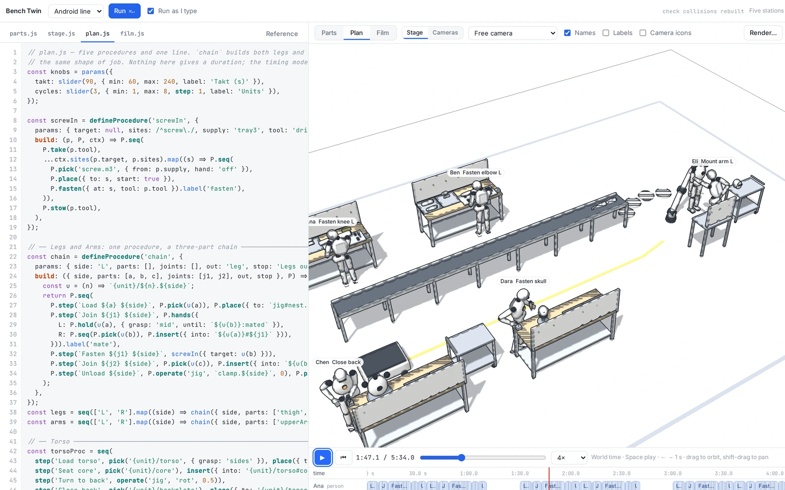 Bench Twin with plan.js for the Android line next to the stage: five workers at stations, a belt and a robot arm