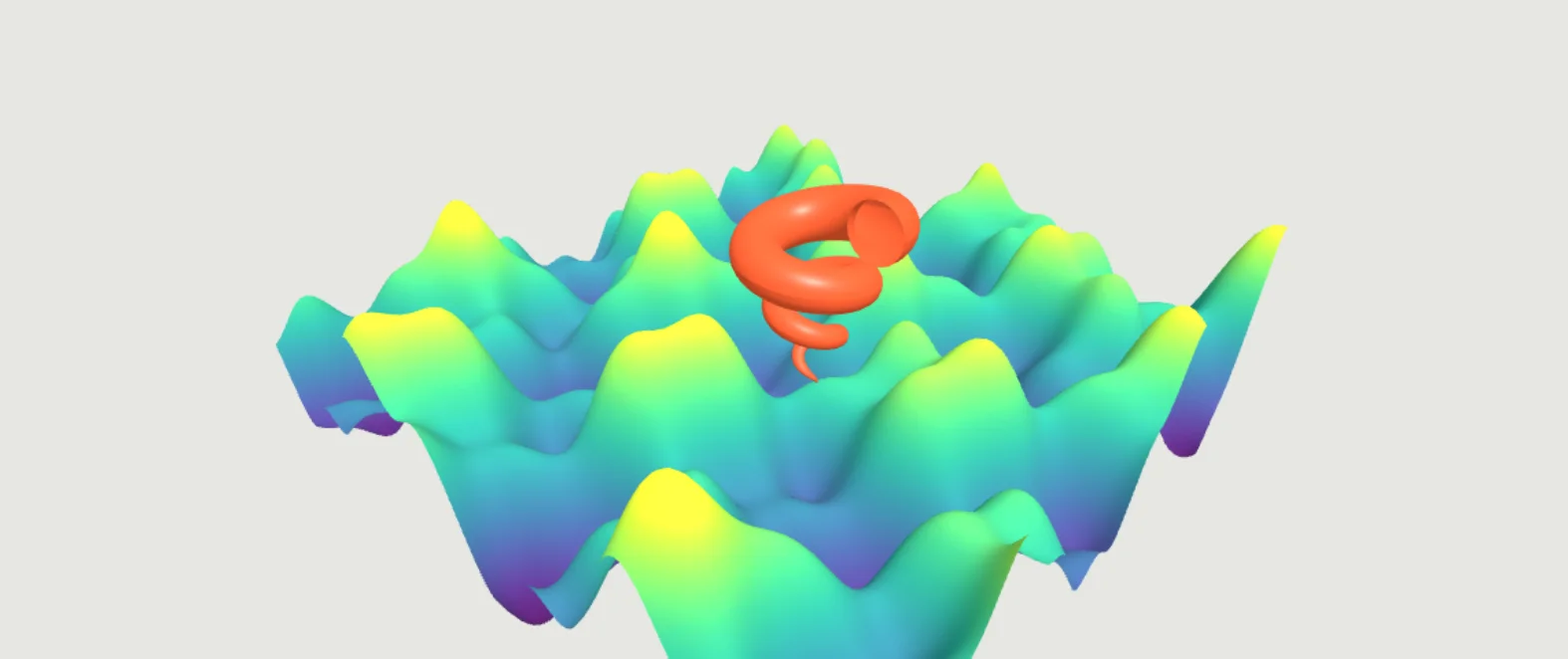 A procedural colored heightfield and orange parametric shell rendered in Lattice Deck.