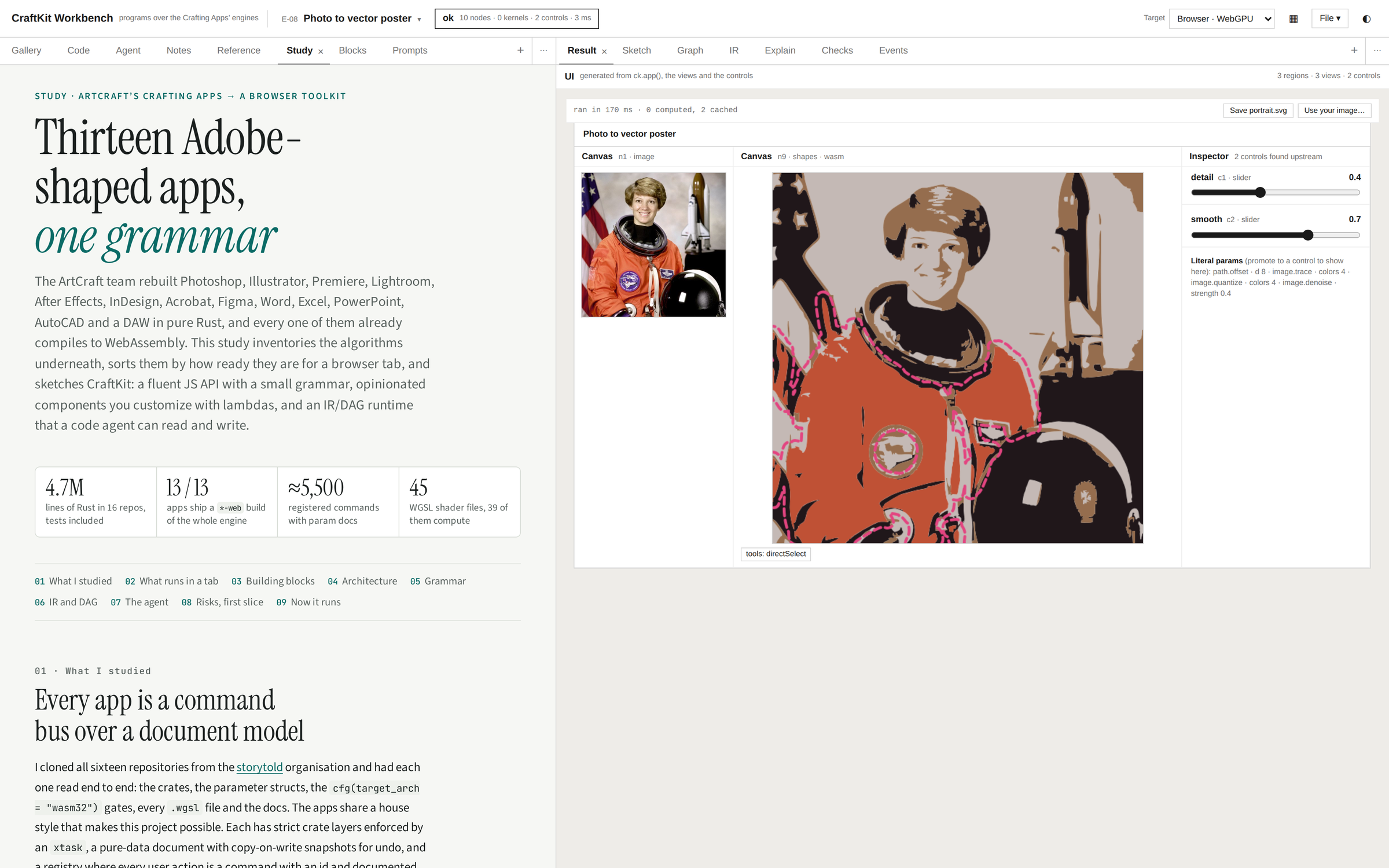 The Study tab: an illustrated essay on how the thirteen Crafting Apps were rebuilt as one grammar, with figures for lines of Rust, wasm builds and registered commands