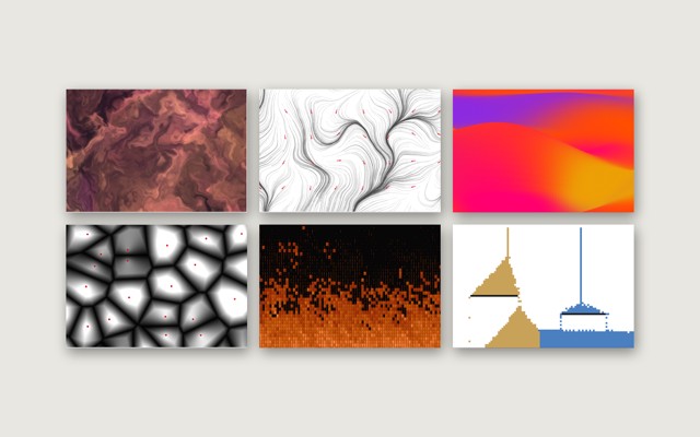 Six sketch outputs from the book: domain-warped noise, a flow field, a mesh gradient, Worley cells, a text-mode doom fire and a falling-sand automaton
