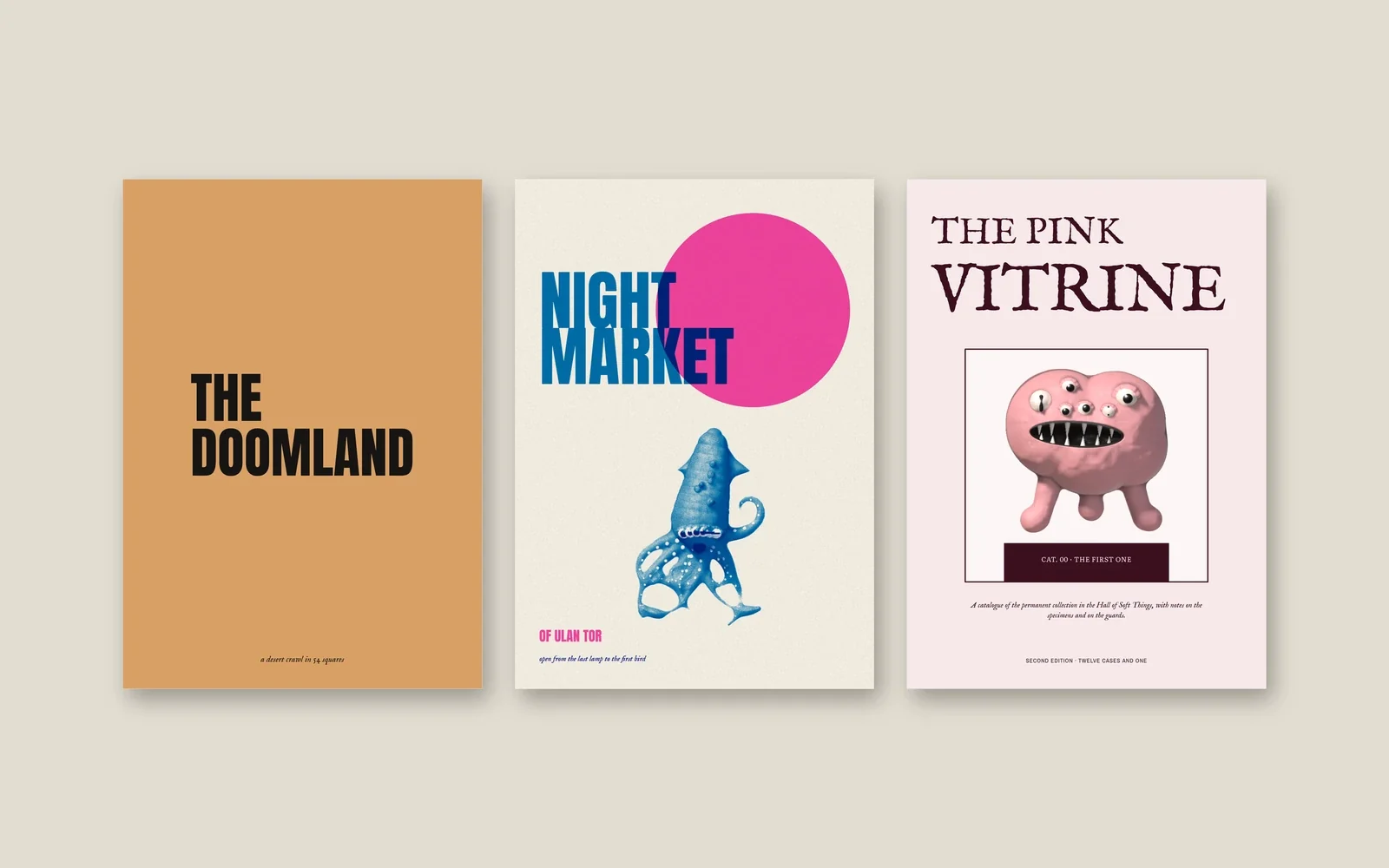 Three zine covers made in Mimeo: The Doomland, Night Market of Ulan Tor and The Pink Vitrine