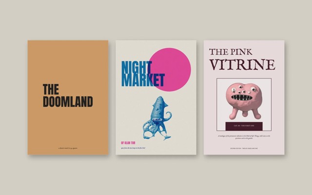 Three zine covers made in Mimeo: The Doomland, Night Market of Ulan Tor and The Pink Vitrine