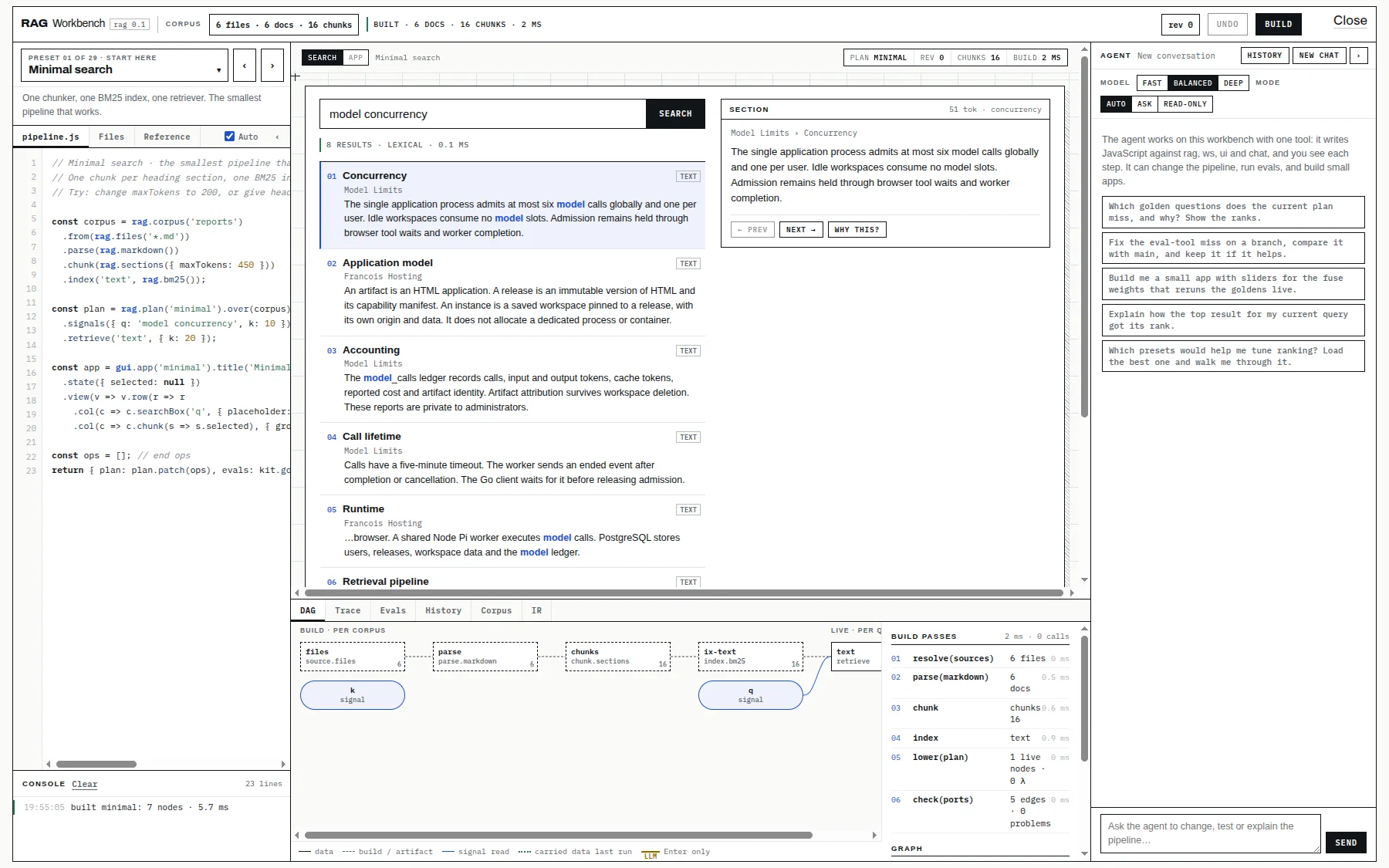 RAG pipeline editor, ranked results, selected source section and execution graph.