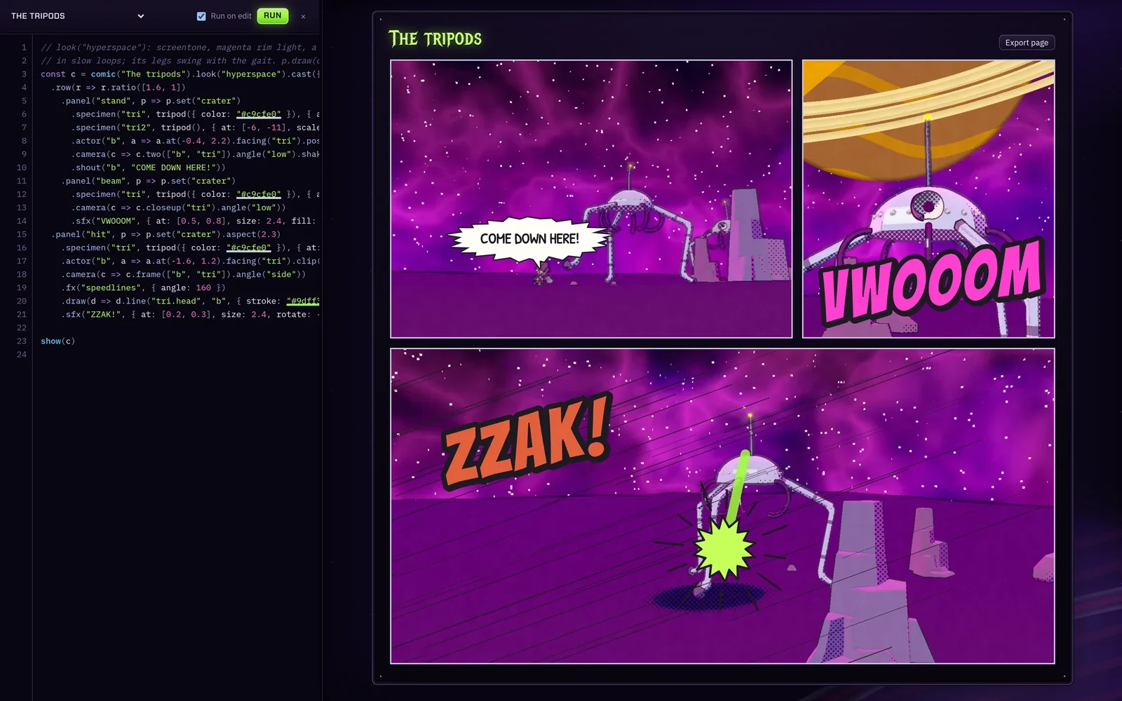 The tripods story in the editor next to its rendered page in the hyperspace look
