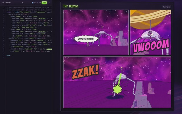 The tripods story in the editor next to its rendered page in the hyperspace look
