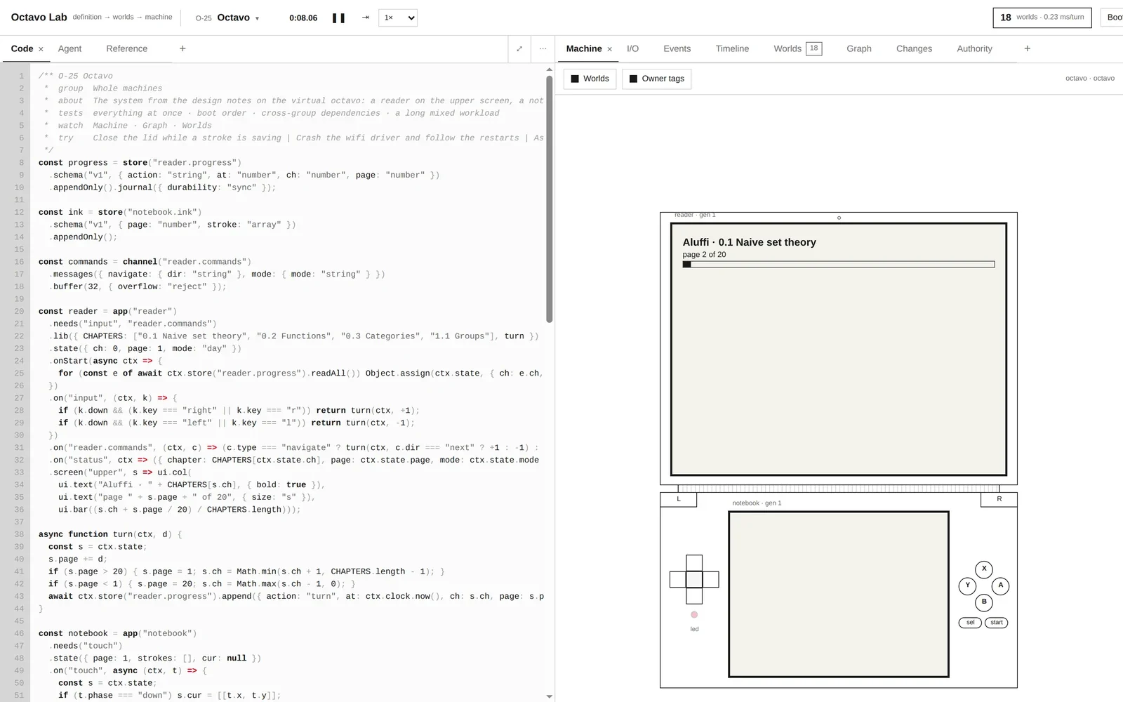 The Octavo preset: the system script next to the virtual dual-screen handheld running a reader