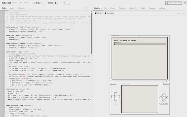 The Octavo preset: the system script next to the virtual dual-screen handheld running a reader